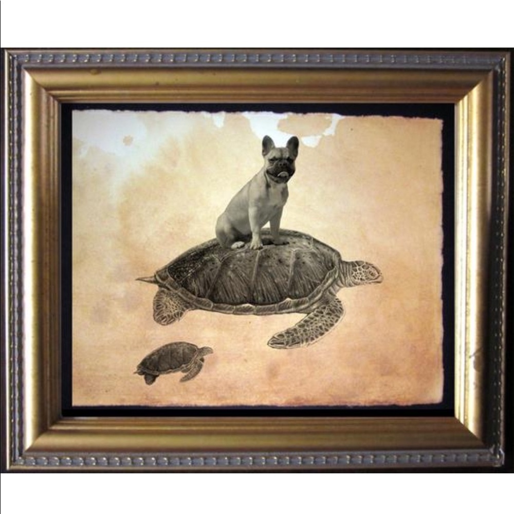 French Bulldog Riding Turtle Wall Art Tea Stained